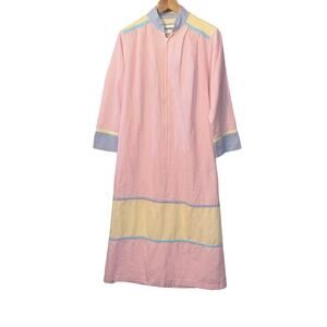 Vintage Saybury Pink Seersucker Stripe Half Zip Robe House Lounge Dress XS
